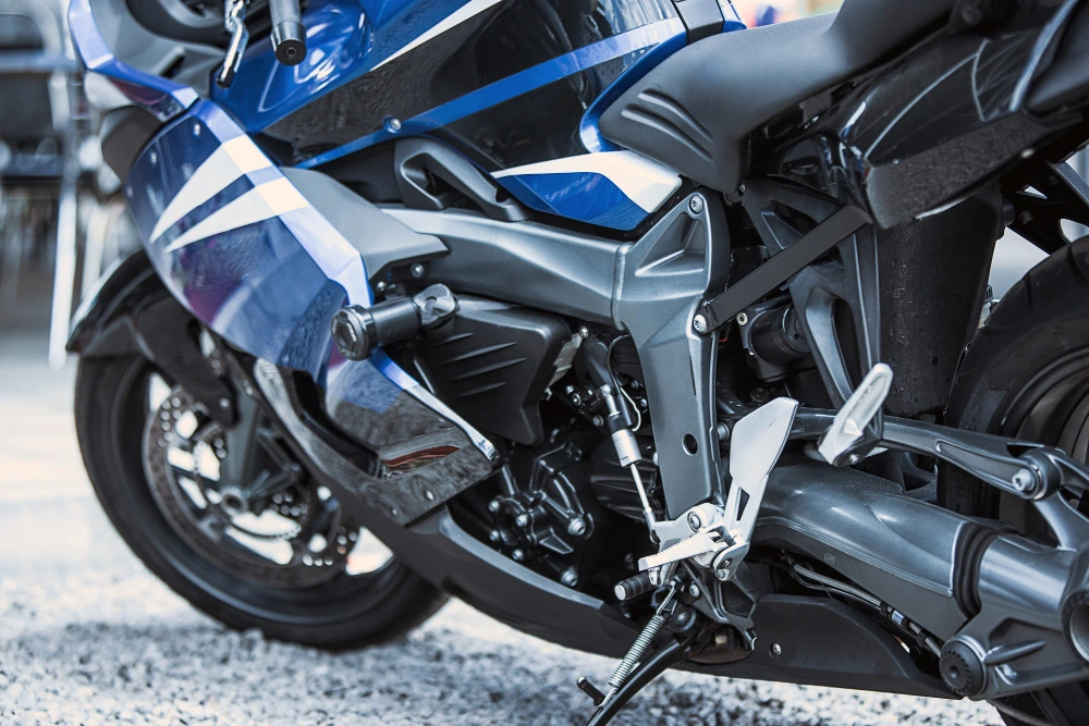 motorcycle close-up: headlights, shock absorber, wheel