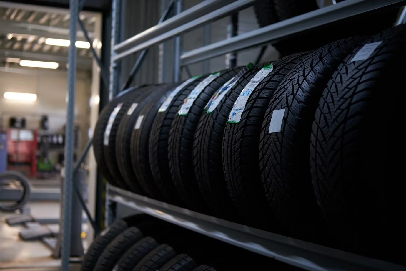 brand new big variety of car's tyres on shelf